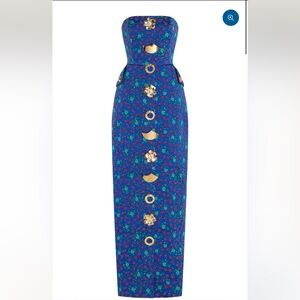 SEXY HARBISON $3,195 QUANTA GOWN | Floral Blue Maxi Dress with Gold Accents